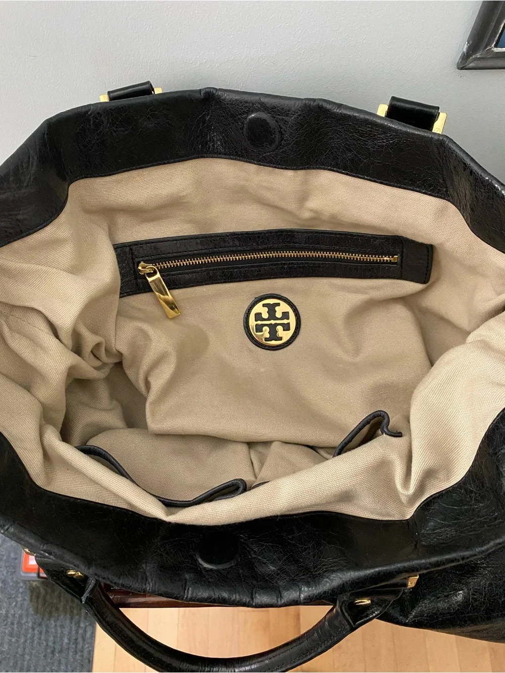 Tory Burch Black Leather Tote with Gold Emblem